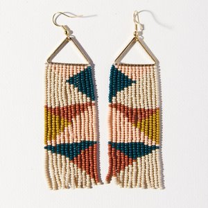 Ink + Alloy Earrings | 4" | Peacock+Pink+Rust Triangles | Brass Triangle