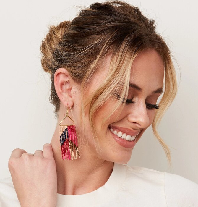 Earrings | Hot Pink Red Chevron on Triangle