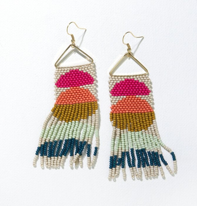 Earrings | Ivory Pink Citron Peacock Half Circles on Triangle