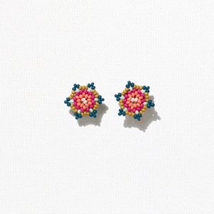 Ink + Alloy Earrings | Flower Seed Bead | Pink Citron Peacock