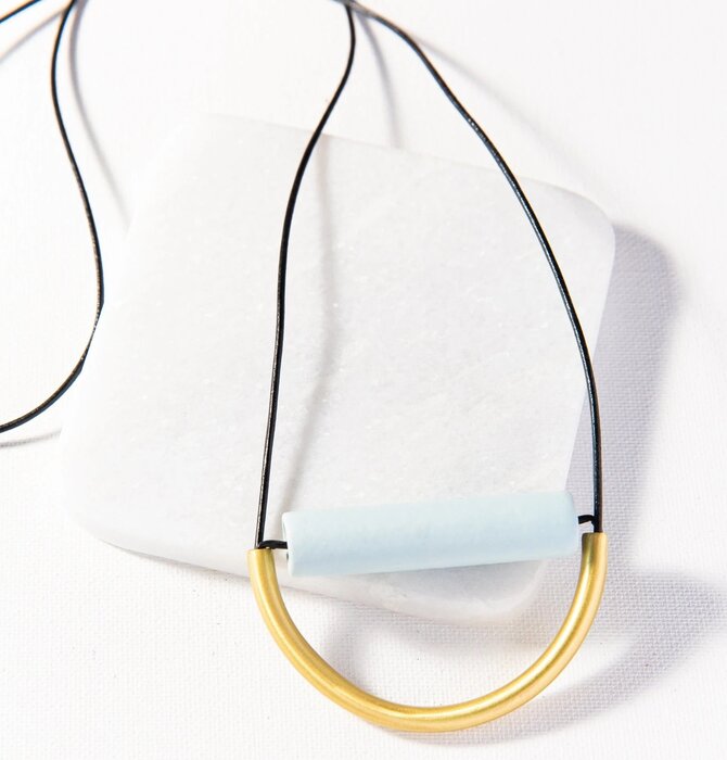 Necklace | Sky Ceramic & Brass with Leather Cord
