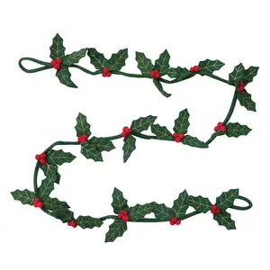 Creative Co-Op Garland | Felt Holly & Berries | Gold Embroidery