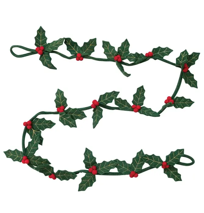 Garland | Felt Holly & Berries | Gold Embroidery