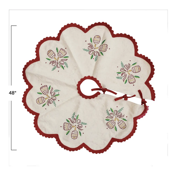 Creative Co-Op Felt Tree Skirt | Embroidered Bells | Red Scalloped Trim