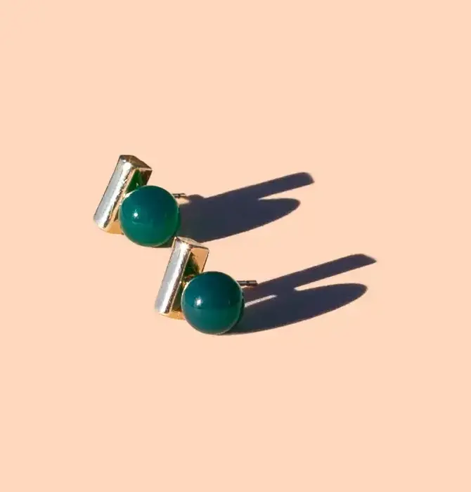 Earrings | "Morse Code" Studs | Green Onyx | 18K Gold Plated