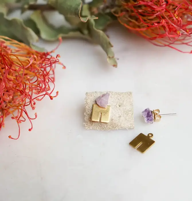 Earrings | Amethyst + Brass Charm | "In the Mountains"