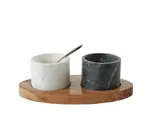 Marble Salt + Pepper Cellars | Mango Wood Tray + Brass Spoon