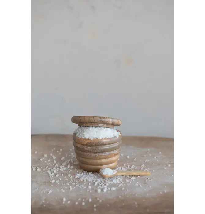 Salt Cellar | Ridged Mango Wood + Lid & Spoon | 3x3.5