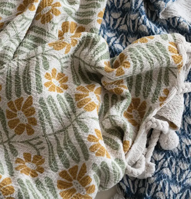 Throw Blanket | Flowers + Braided Poms