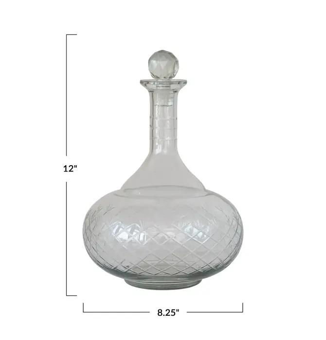 Round Decanter | Etched Recycled Glass | Diamond Stopper