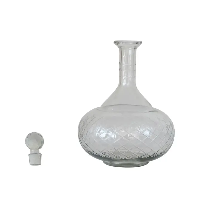 Round Decanter | Etched Recycled Glass | Diamond Stopper