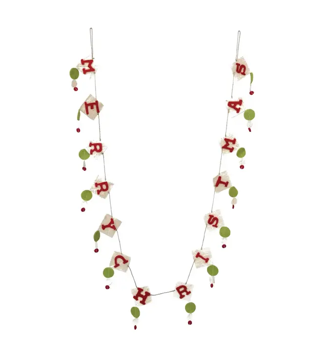 Garland | Wool Felt | "Merry Christmas" | Red + White + Green