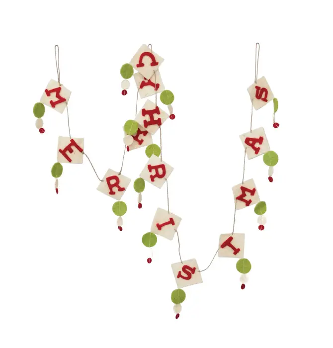 Garland | Wool Felt | "Merry Christmas" | Red + White + Green
