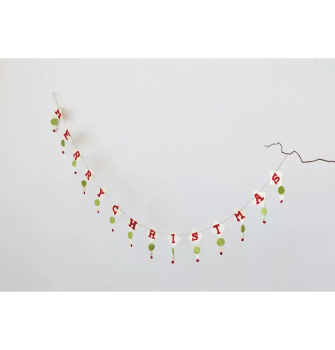 Garland | Wool Felt | "Merry Christmas" | Red + White + Green