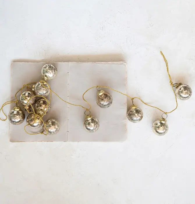 Garland | Mercury Glass Ornament | Antique Gold | Etched Snowflake | Gold Cord