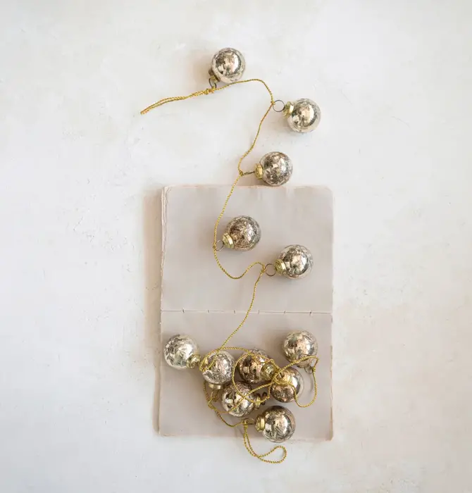 Garland | Mercury Glass Ornament | Antique Gold | Etched Snowflake | Gold Cord