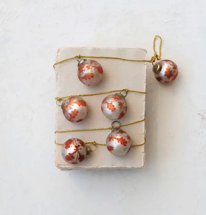 Garland | Mercury Glass Ornament | Silver + Coral | Etched Leaf | Gold Cord