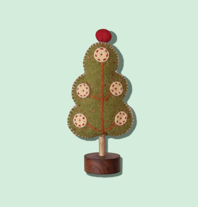 Tree | Wool Felt | Scalloped Edge | Green + Red Pom