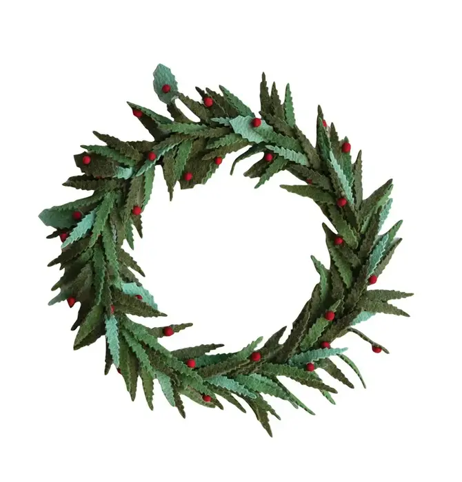 Wreath | Wool Felt | Green Leaves | Red Berries