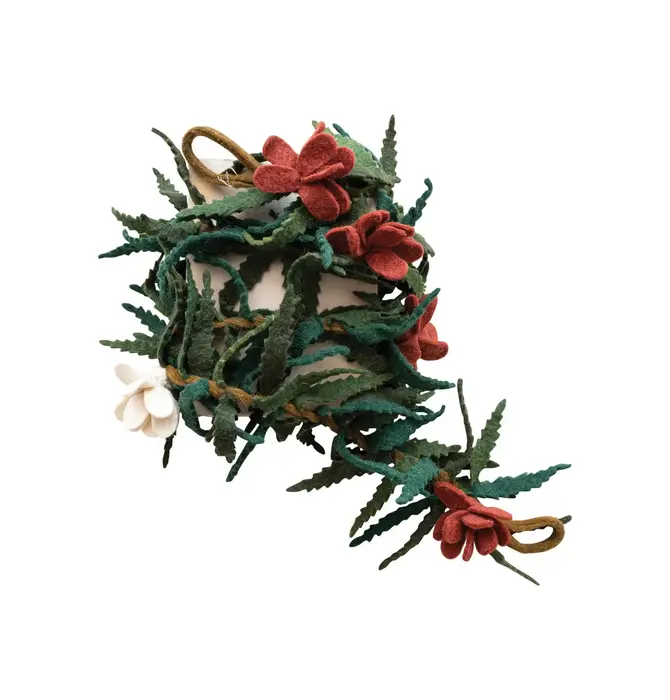 Garland | Wool Felt | Green Leaves | White + Red Flowers