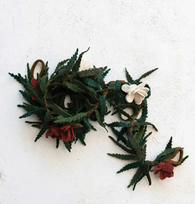 Garland | Wool Felt | Green Leaves | White + Red Flowers