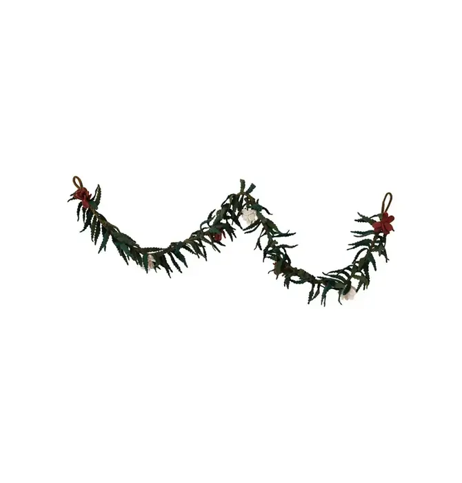 Garland | Wool Felt | Green Leaves | White + Red Flowers