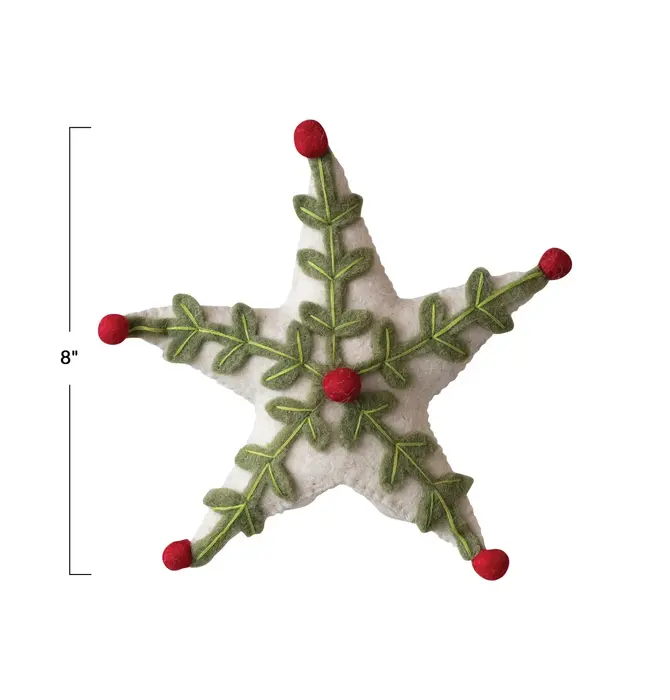 Tree Topper | Wool Felt | Green Holly | Red Poms