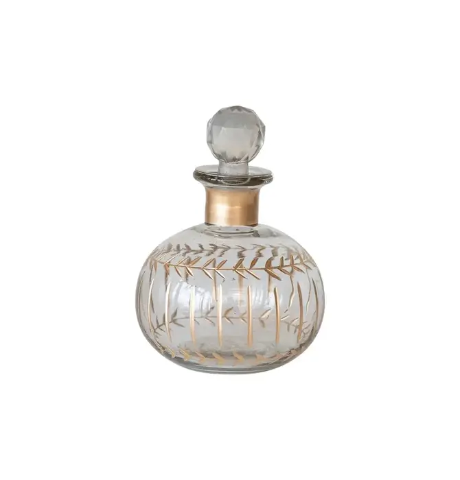 Mini Decanter | Etched Glass | Gold Finish Pattern | Diamond Stopper