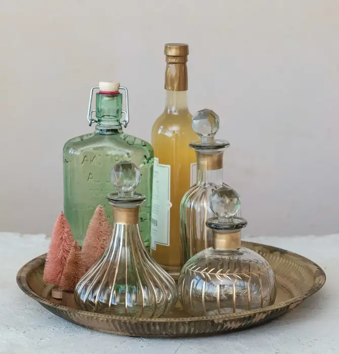 Mini Decanter | Etched Glass | Gold Finish Pattern | Diamond Stopper
