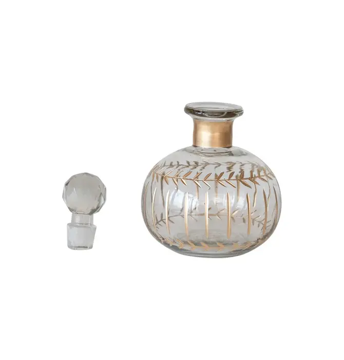 Mini Decanter | Etched Glass | Gold Finish Pattern | Diamond Stopper