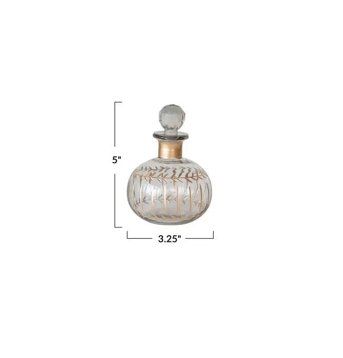 Mini Decanter | Etched Glass | Gold Finish Pattern | Diamond Stopper