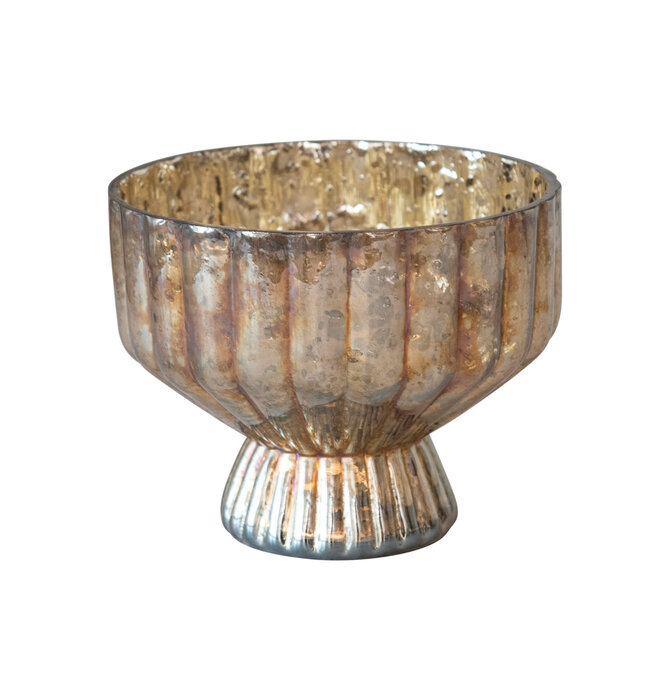 Candle Holder | Mercury Glass | Pleated + Footed | Antique Silver Finish