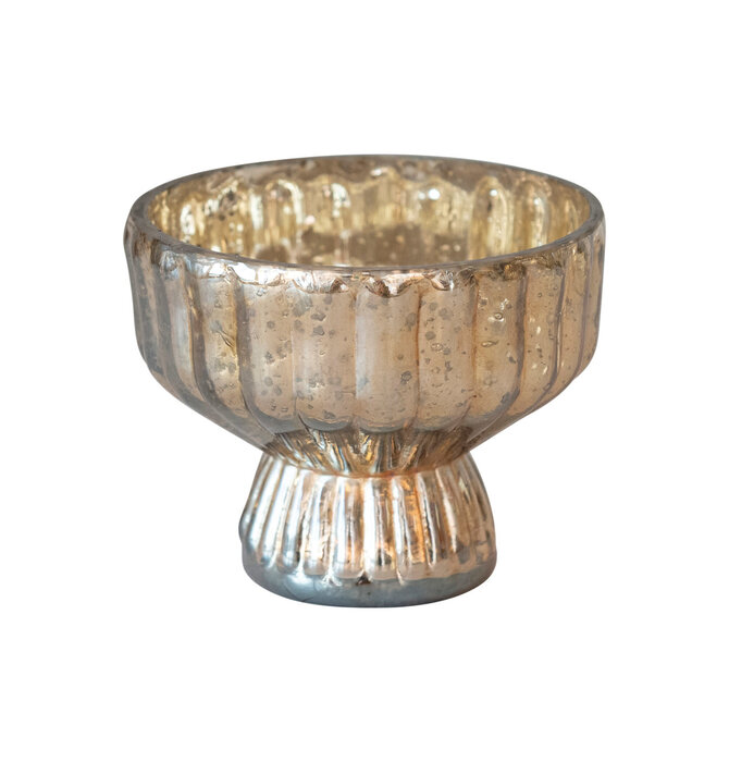 Candle Holder | Mercury Glass | Pleated + Footed | Antique Silver Finish
