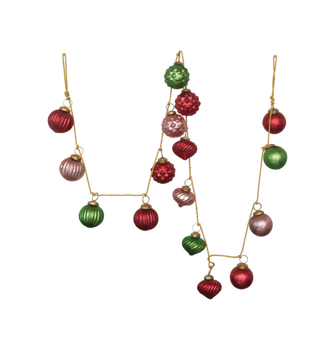 Garland | Recycled Glass Ornament | Red + Pink + Green | Gold Cord