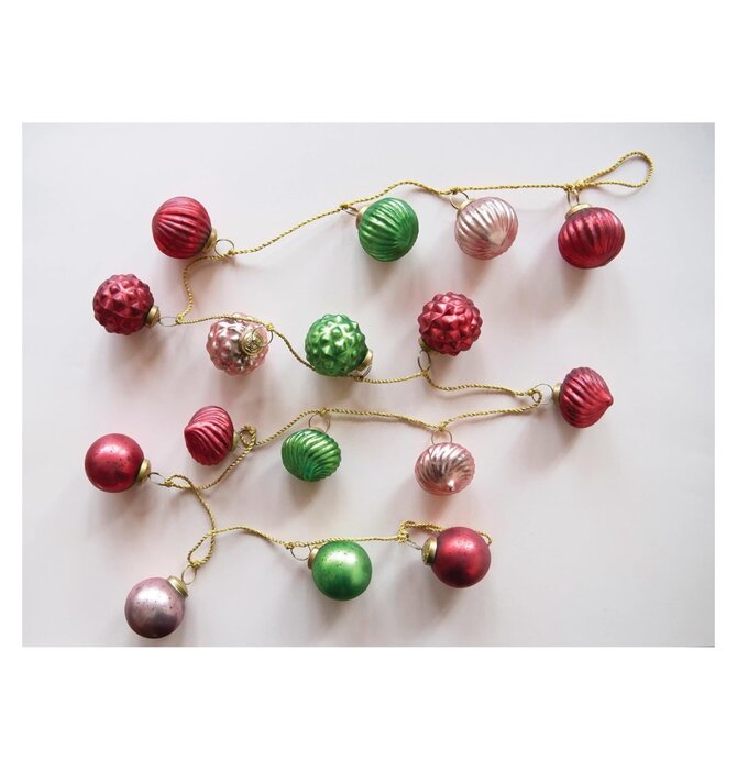 Garland | Recycled Glass Ornament | Red + Pink + Green | Gold Cord