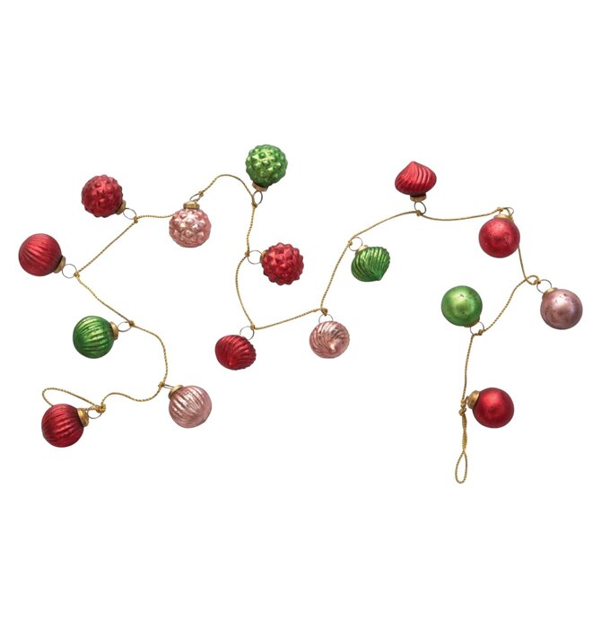 Garland | Mercury Glass Ornament | Red + Pink + Green | Gold Cord