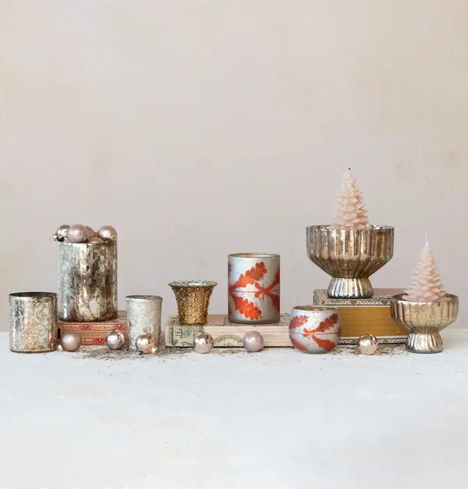 Candle Holder | Tealight/Votive | Etched Mercury Glass | Coral/Silver
