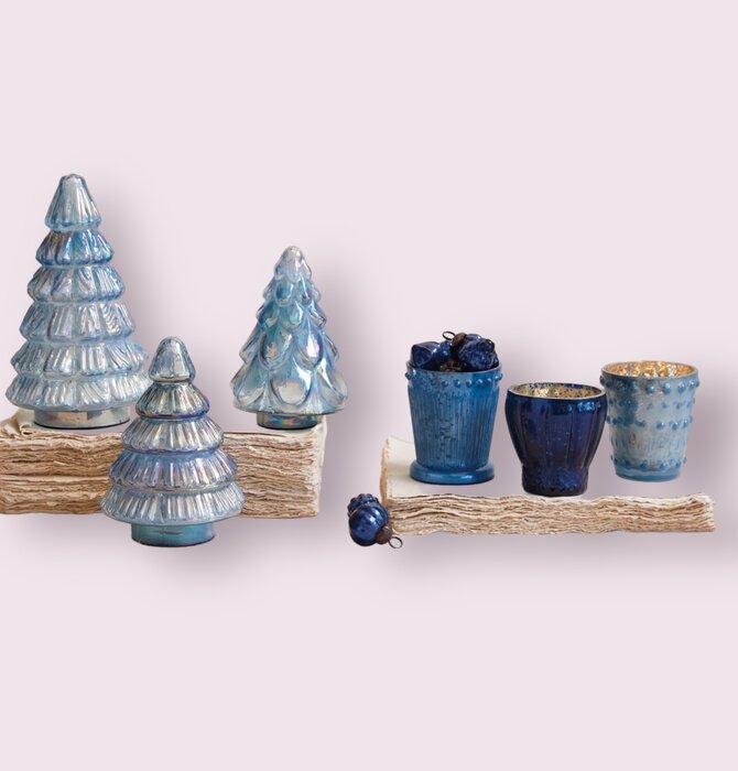 Candle Holder | Votive | Embossed Mercury Glass | Blue Colors