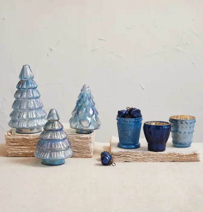 Candle Holder | Votive | Embossed Mercury Glass | Blue Colors