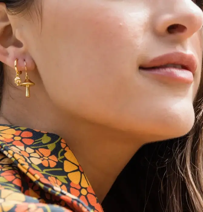 Earrings | Tiny Mushroom Huggies | 24K Gold Plate Brass