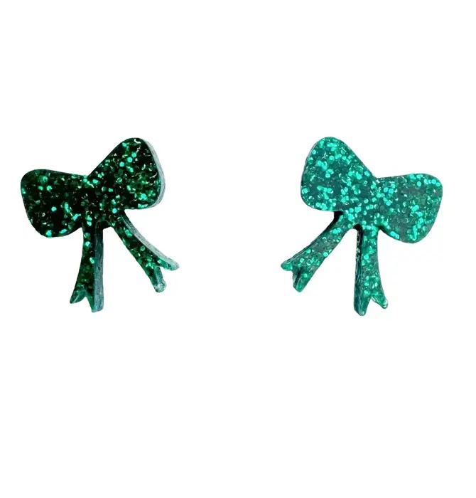 Earrings | Bow Studs | Green Glitter