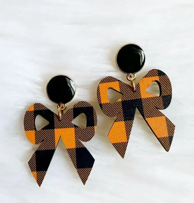 Earrings | Bow Dangle | Gingham | Black/Orange