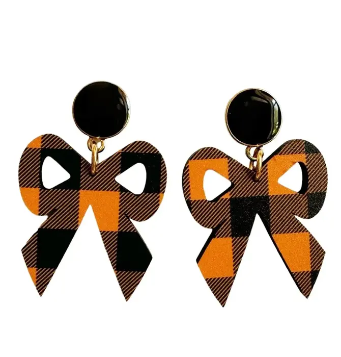 Earrings | Bow Dangle | Gingham | Black/Orange