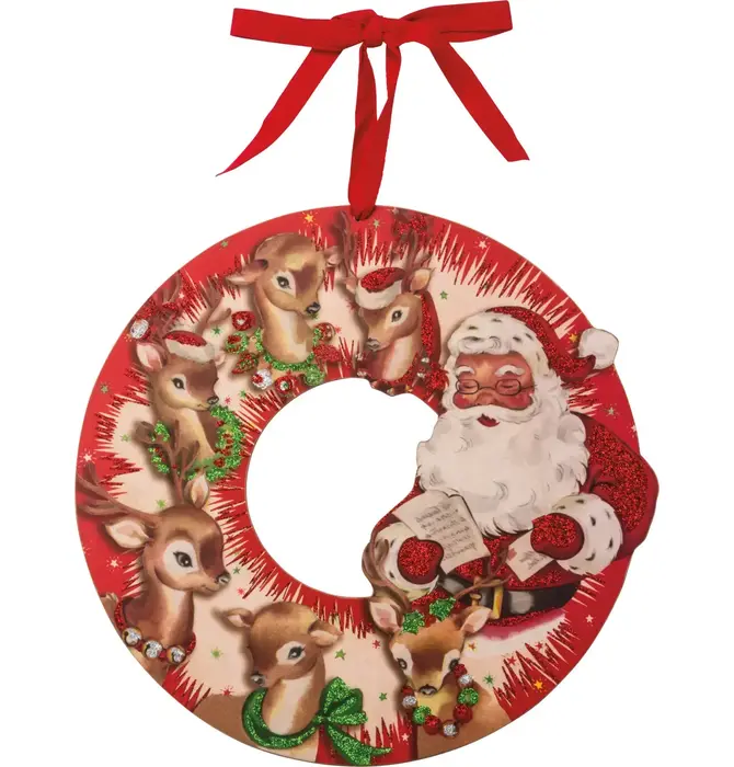 Wreath | Wooden 13" | Retro Reindeer & Santa