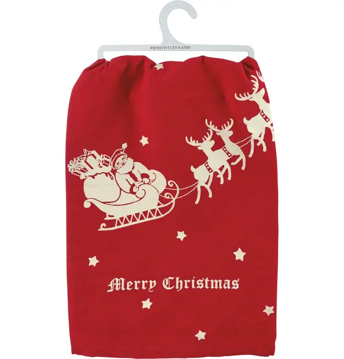 Tea Towel | Vintage Red Santa + Sleigh | Merry Christmas