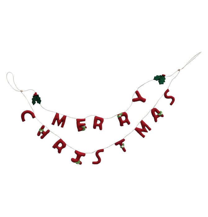 Garland | Wool Felt | "Merry Christmas" | Bubble Letters | Holly + Berries