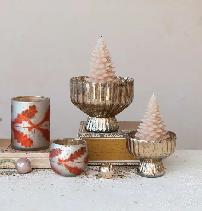 Candle Holder | Mercury Glass | Pleated + Footed | Antique Silver Finish