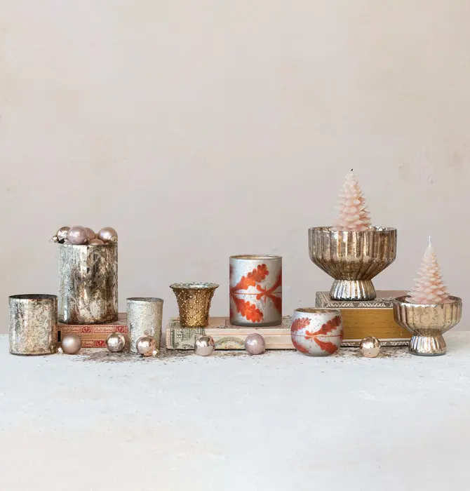 Candle Holder | Mercury Glass | Pleated + Footed | Antique Silver Finish
