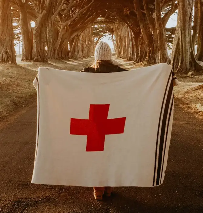 Blanket | Eco Throw | Swiss Cross + Stripes | Flax/Black/Cherry