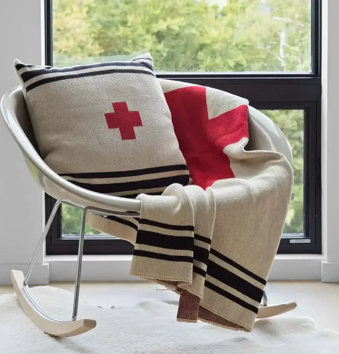 Blanket | Eco Throw | Swiss Cross + Stripes | Flax/Black/Cherry